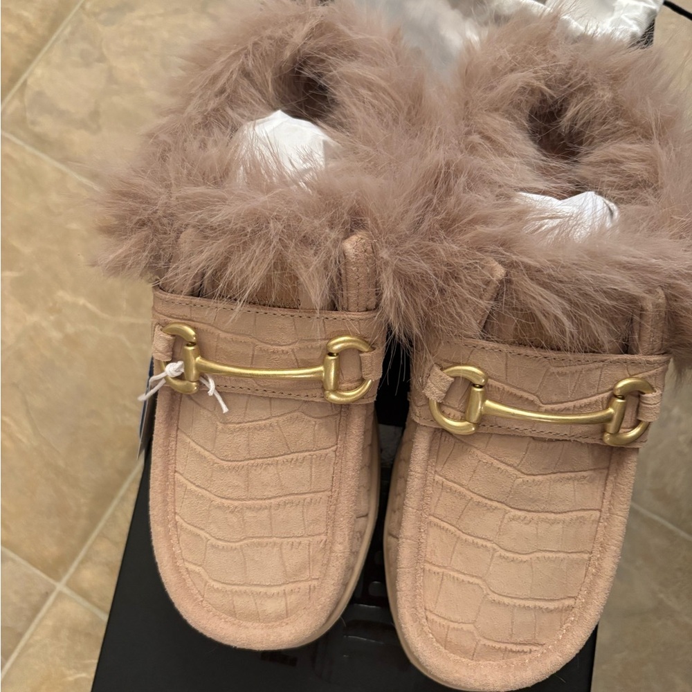 Hey Dude Faux Fur Trimmed Loafers in Tan and Gold